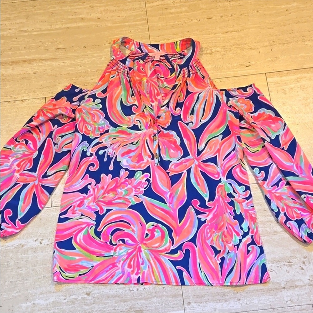 Lilly Pulitzer Pink and Blue Floral Cold Shoulder Blouse